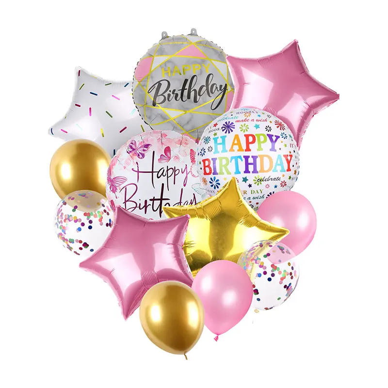 13pcs/1set Happy Birthday Balloons Pink Foil Balloons Set Kids Birthday Baby Shower Birthday Party Decorations