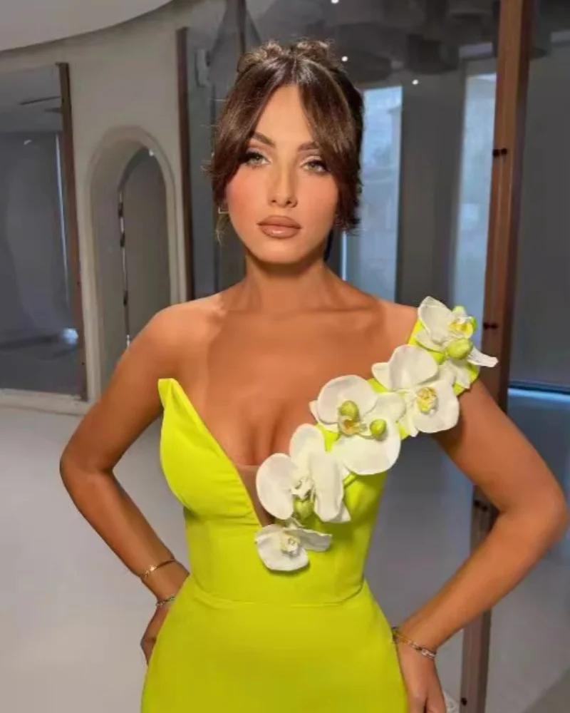 Women's Sexy Deep V-Neck Low-cut White Phalaenopsis Orchid Embellished Elegant Sleeveless Tube Top Bodycon Yellow Green Fishtail