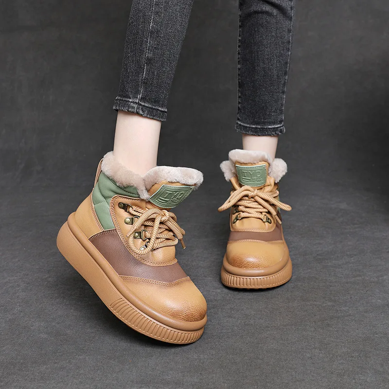 Snow Boots Women's Thick-soled Heightened Retro Leather Piled Thickened Cotton Shoes Waterproof and Non-slip Short Ankle