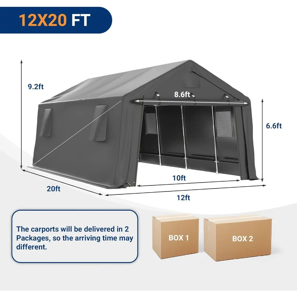 12x20 FT Carport Garage with Roll-up Doors Galvanized Steel Tube Frame, Waterproof Anti-Snow UV-Resistant, Carport Garage