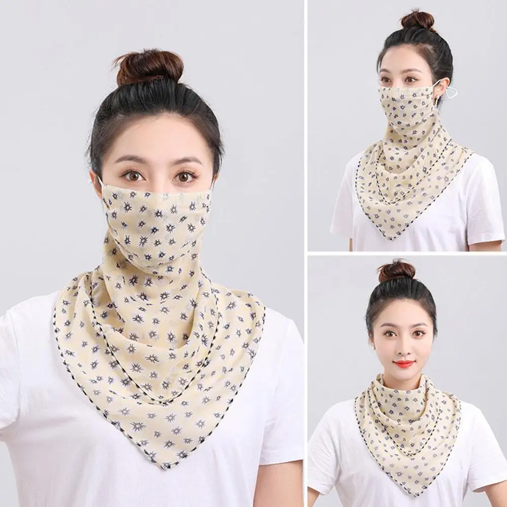 Women Chiffon Suncreen Outdoor Neck Wrap Cover Floral Face Mask Summer Thin Anti-UV Scarf  Driving Riding Cycling Neck Collar