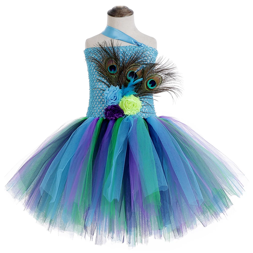 Flower Peacock Feather Costumes for Girls Birthday Party Outfit Kids Christmas Carnival Costumes Children New Year Fancy Clothes