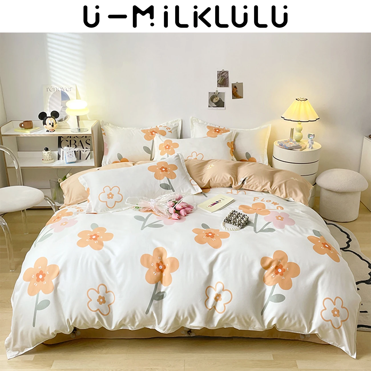 Orange Flower AB Two-sided Comforter Queen King Bedding Set Bed Sheets and Pillowcases Simple Luxury Fresh Duvet Cover Set 180