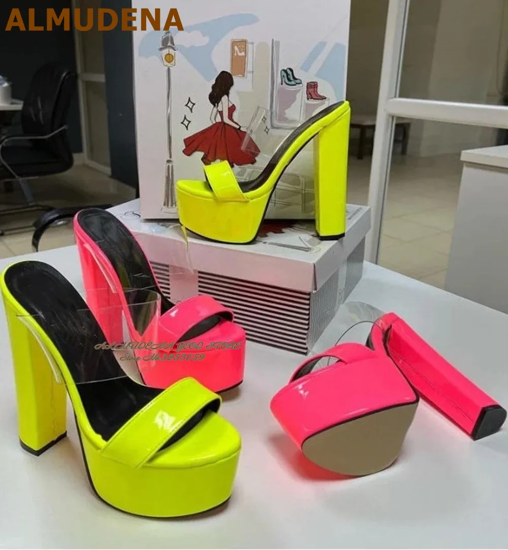 ALMUDENA Neon Yellow Pink Patent Leather Modern Slippers Chunky High Heels Platform Sandals Clear PVC Open Toe Slip-on Pumps