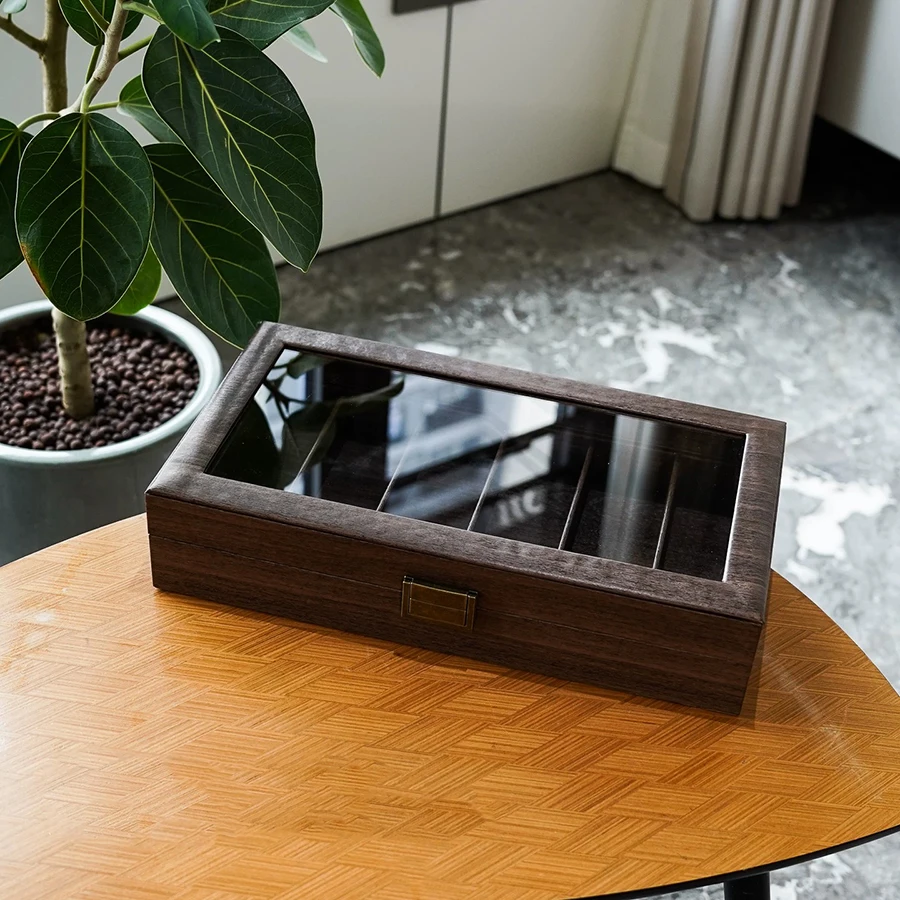 Eyeglass Storage Box, Wood Grain PU Leather 6-5 Slot Sunglasses Collection Display Case, Vintage Dustproof Box