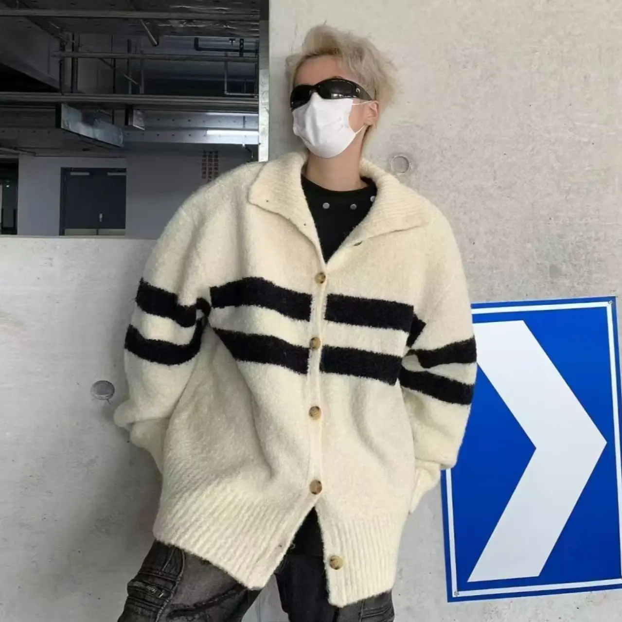 American Striped V-Neck Knit Sweater Loose Casual All-Match Lazy Cardigan Coat Top for Autumn Winter