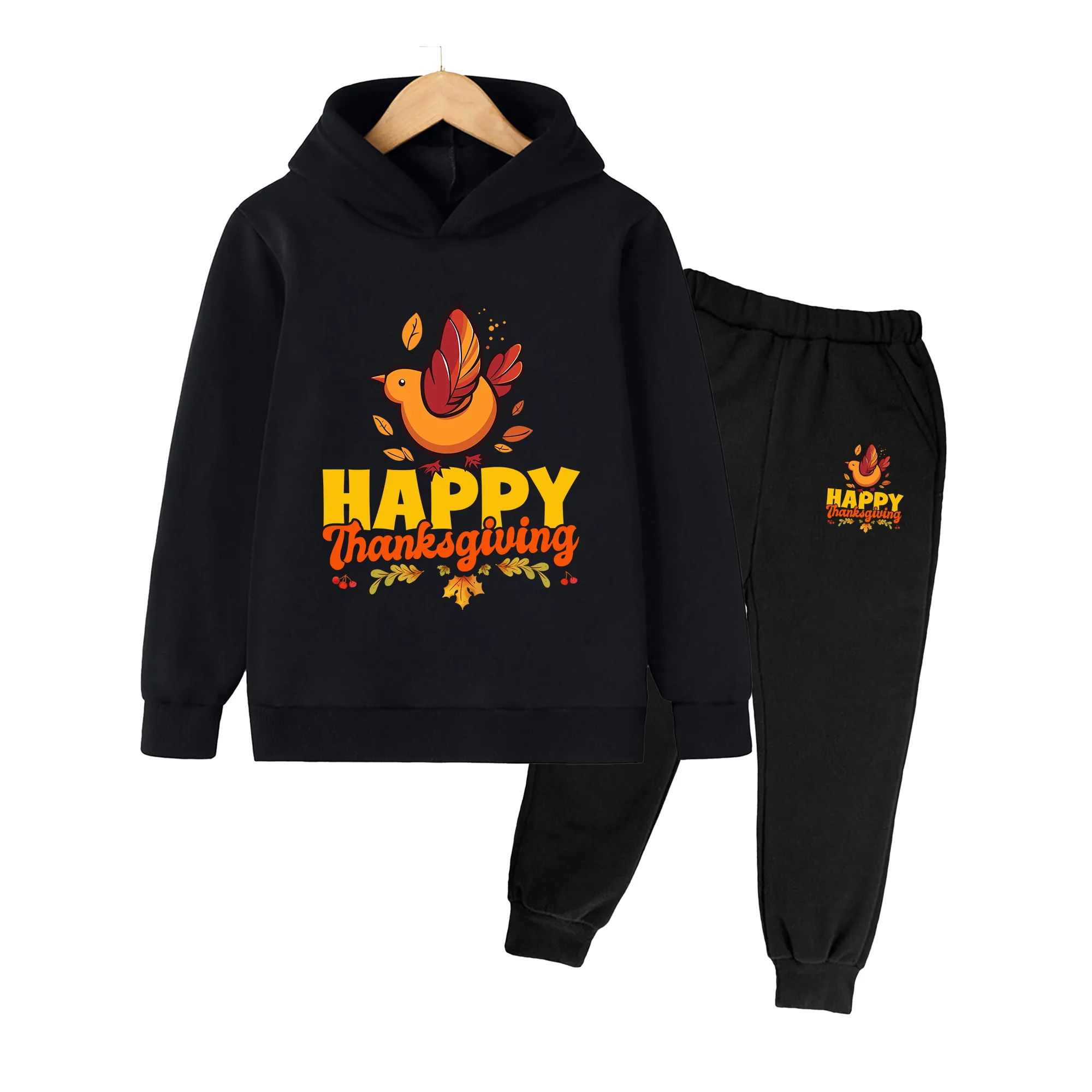 Kids Thanksgiving Turkey Print Hoodie & Sweatpants Set, Long Sleeve Casual Outfit for Boys Girls Fall Winter