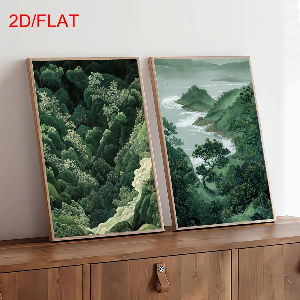 Conjunto de 2 Quadros Modernos em Tela de Montanha Verde, Arte de Parede Minimalista Wabi-Sabi Japonesa sem Moldura para Decoração de Sala de Estar