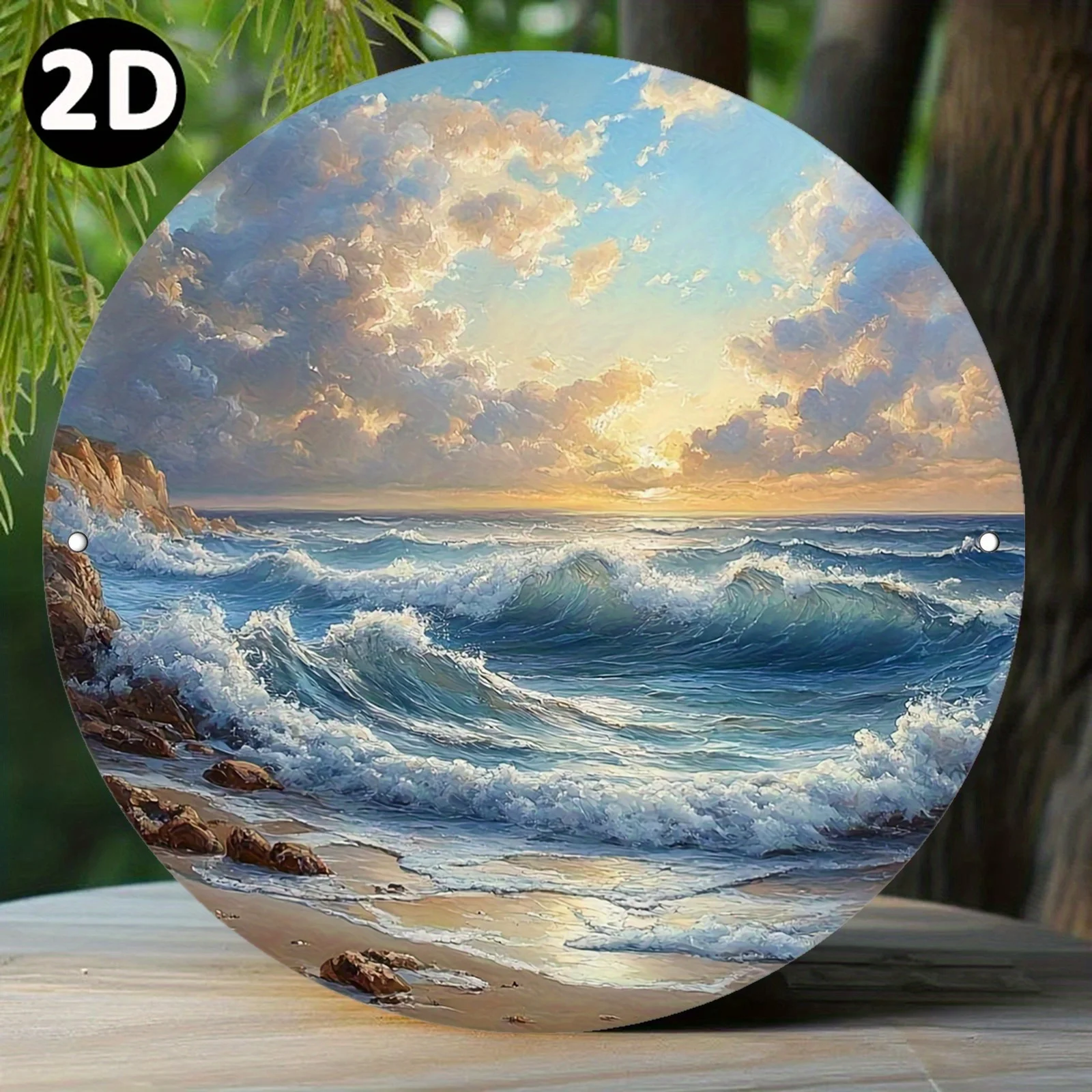 2D Flat, 2D Flat - [2D Flat] A Vintage Round Metal Sign Printed on a 2D Plane, Depicting Waves Crashing Among Rugged Rocks Under