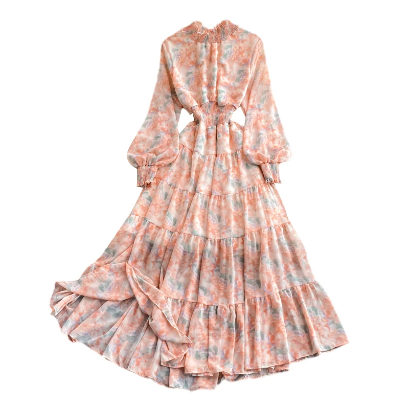 Vestido Longo E com Estampa Floral e Gola Alta em Camadas com Estilo Coreano e Manga Longa