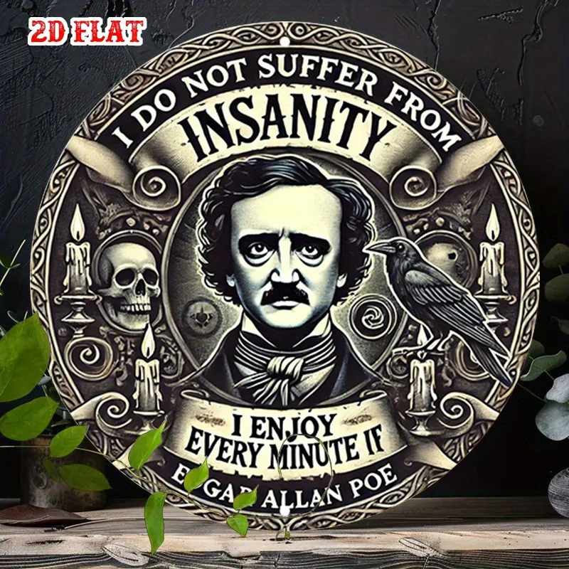 2D Flat, 1pc Edgar Allan Poe Gothic Metal Wall Decor - Vintage Raven & Skull Literary Art Sign with 