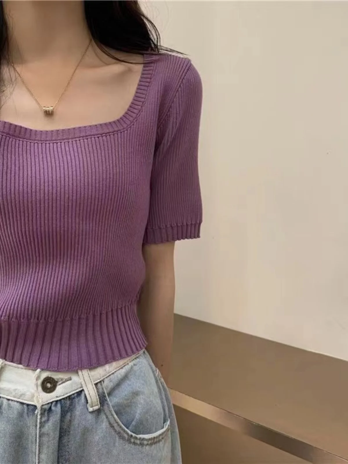 

Slim Fit ort Sve Ice Silk Knitted irt Women's Faion Spring Summer Breathable Comfortable Casual Sle Square Collar