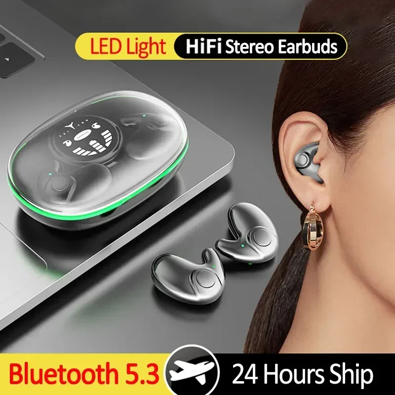 Invisible Sleep Wireless Earphone TWS Bluetooth 5.3 Headphones Hidden Earbuds IPX5 Waterproof Noise Reduction Sports Headset