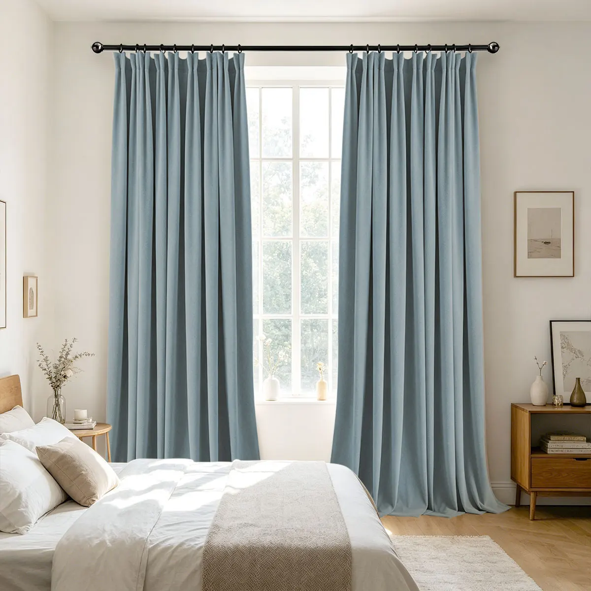 Dusty Blue Velvet Blackout Curtains 2‑Pack, Pinch Pleat Hook Top Drapes, Modern Solid Curtain for Bedroom Living Room Home Decor