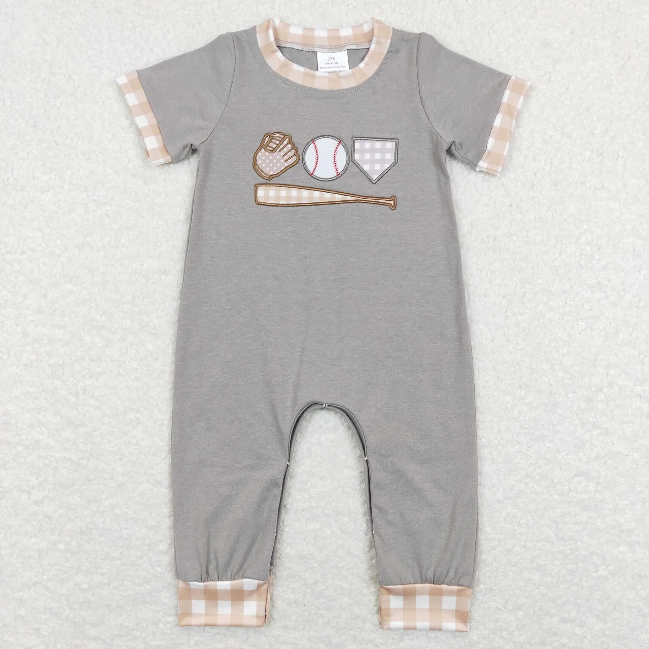 Wholesale Baby Boy Girl Newborn Embroidery Baseball Cotton Grey Romper Short Sleeve Jumpsuit Toddler Kid Children Ball One-piece