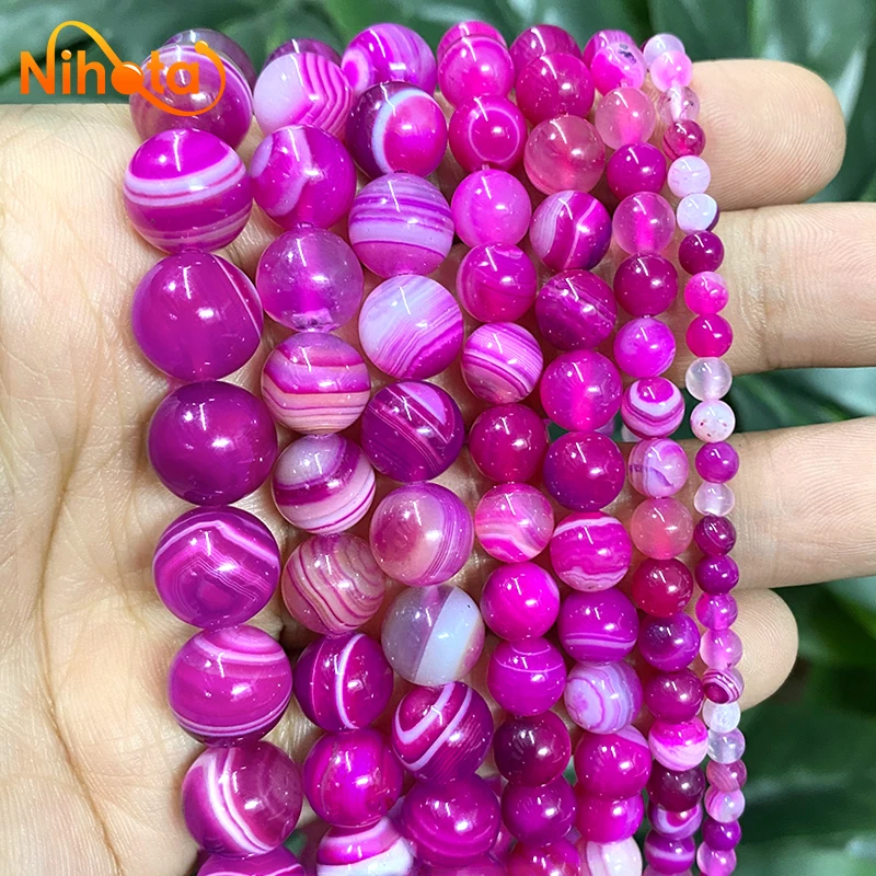 Natural Stone Banded Magenta Lace Agates Round Loose Beads for Handmade Jewelry Making DIY Bracelet 4/6/8/10/12/14mm 15\