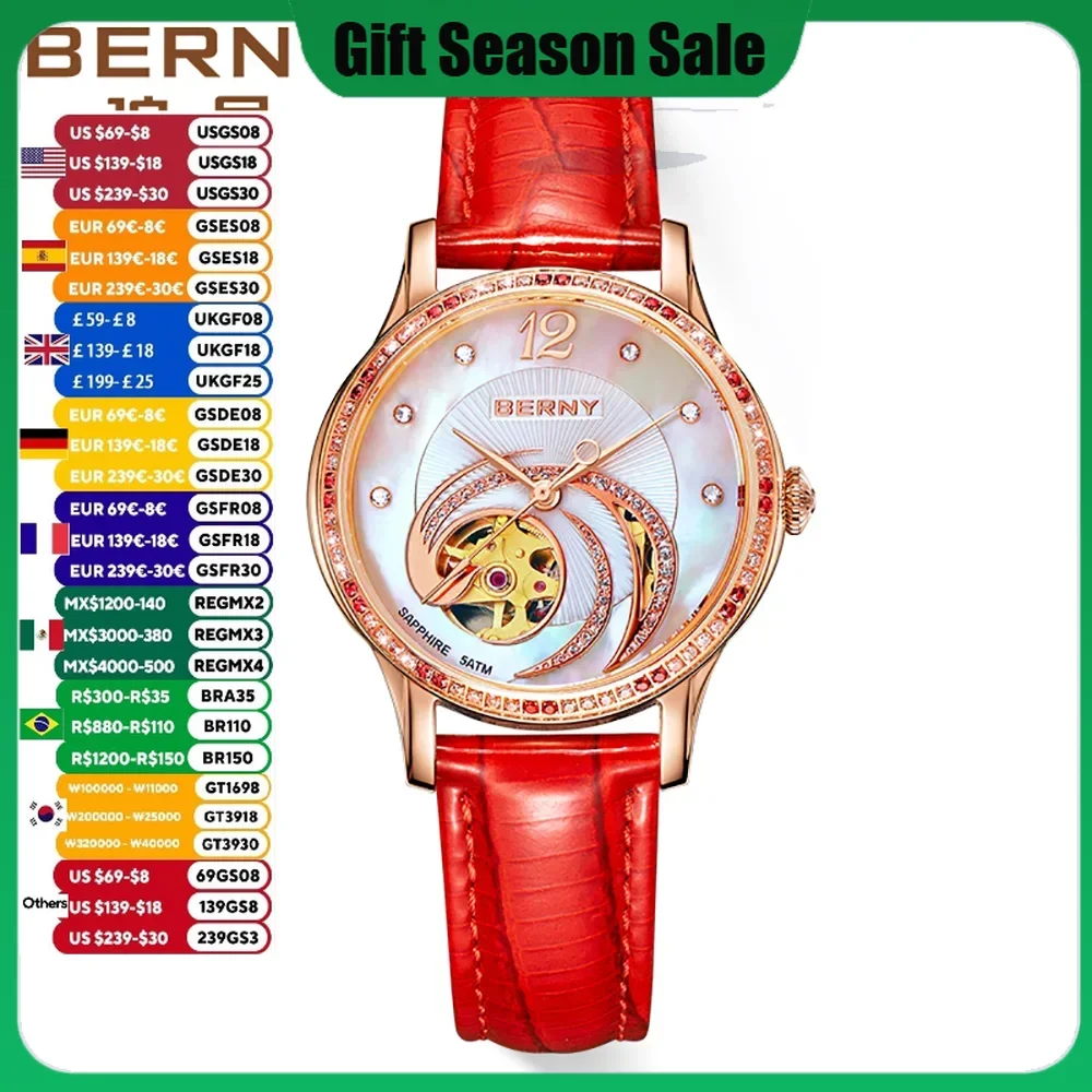 BERNY-Relógio mecânico automático feminino, pulseira de couro safira, impermeável, corda automática, luxo, Miyota, ouro