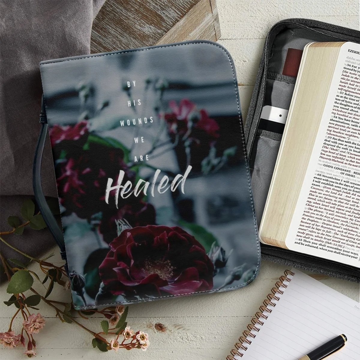 

FORUDESIGNS Comfort Bible Verse Handbag New Ladies Leather Bible Bag Fashion Flower Design Bible Protector Holder Practical