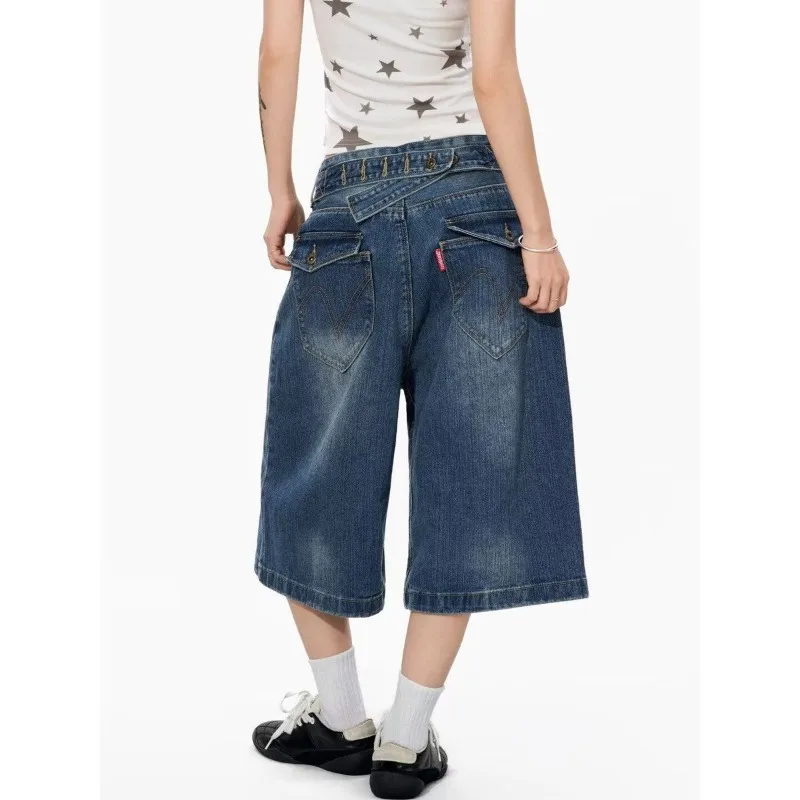 Summer Women's Fashion Button-Up Denim Shorts Unisex Calf-length Pants Girl High Waist Half Trousers Female Wide Leg Streetwear