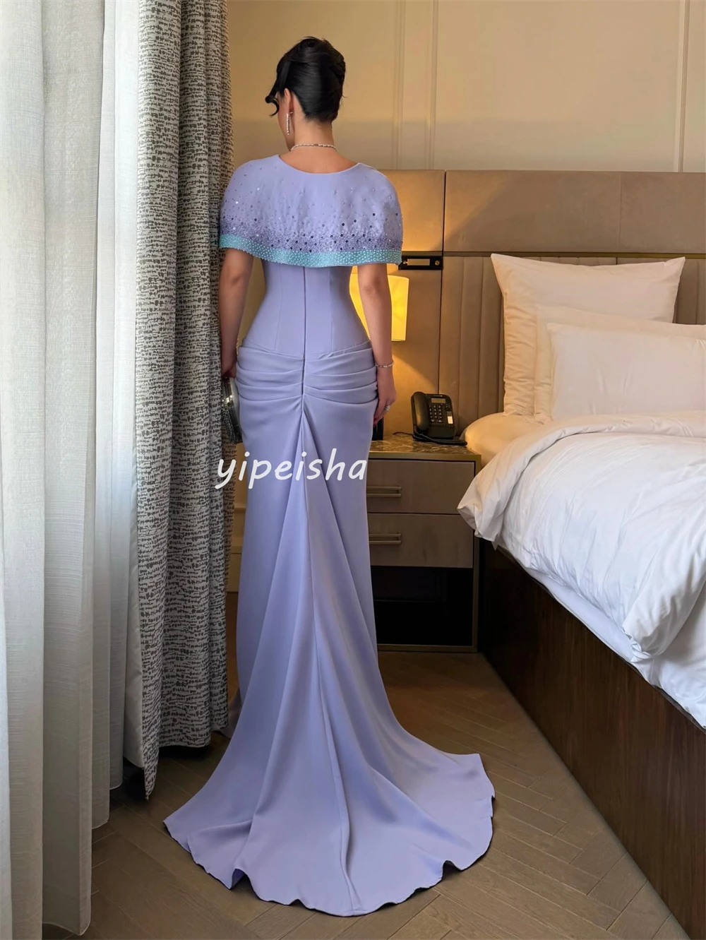 

Customized Modern Style Women Jersey Rhinestone Pleat Mermaid Evening Dress Classic Strapless Sleeveless Floor Lenght Party Gown