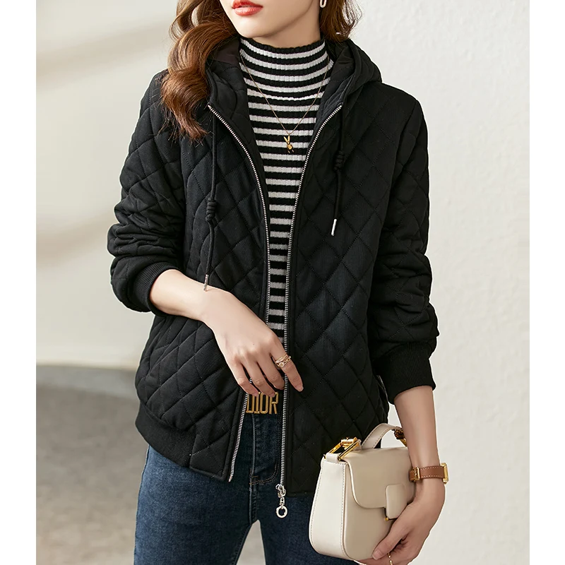 Vimly Short Black Parkas Winter Padded Jacket Coat for Women Vintage Casual Thickened Warm Long Sleeve Hooded Quilted Coat V6870