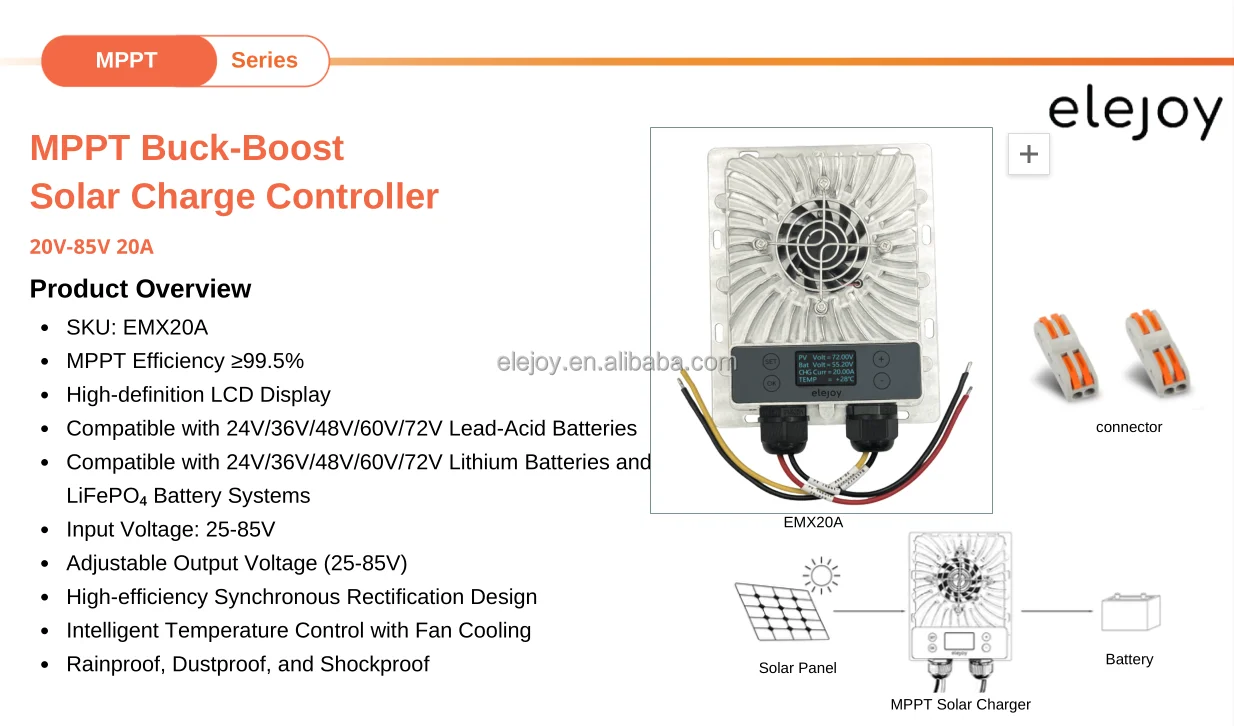 ELEJOY EMX20A 1200W Adjustable MPPT Solar Charge Controller 99% Smart Buck Boost LED Display Battery Charger CE Approved