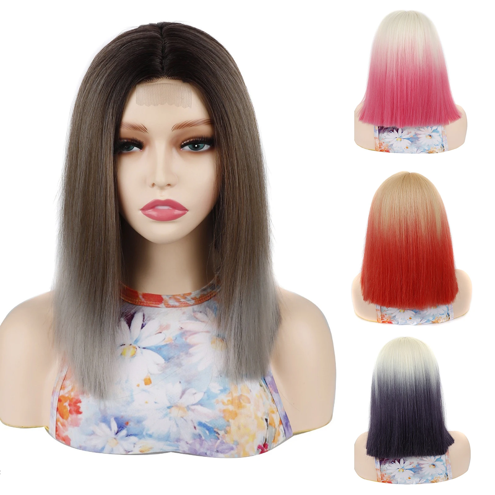 Bob Wig with Bangs Colorful Ombre Orange Blonde 16 Inch Short Straight Wigs Synthetic Trendy Stylish for Women Ladies Daily Use