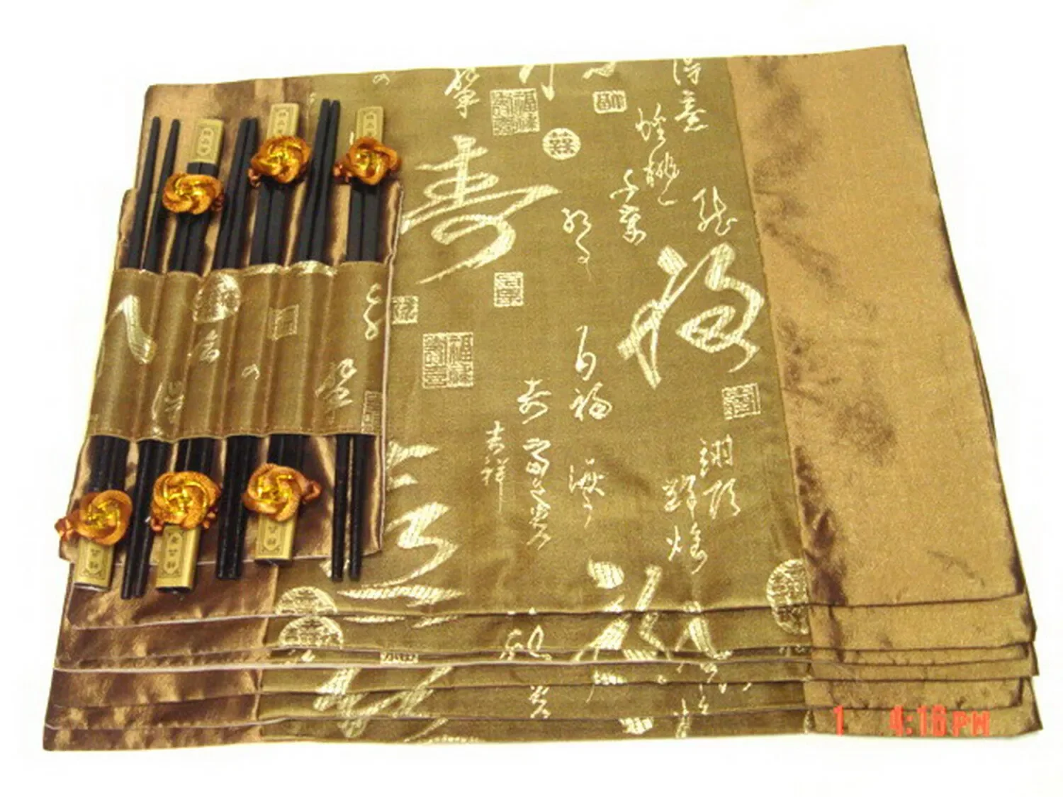 6 Set Chinese Calligraphy Patterns Handmade Dinner Sets Silk Placemats Chopstick