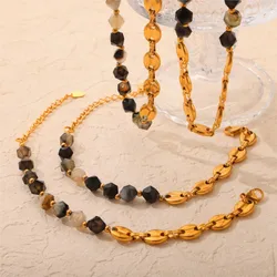 Natural Stone Beads Joint Stainless Steel Necklace Bracelet For Women Gold Color Necklaces Bangle Women's Elegant Jewelry Sets
