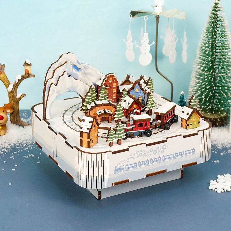 DIY Wooden Snow Country Train Music Box City Street View 3D Puzzles Model Building Kits Toys for Children Christmas Gifts