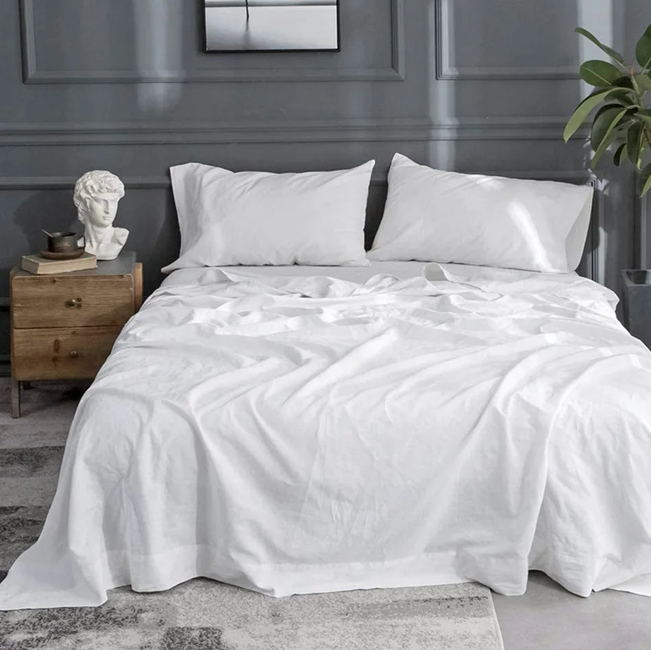 

100% Linen Bed Sheet Set, High Quality Solid Color Fitted Sheet Set, Single Double Queen King Size Flat Sheet Set,Bedding White