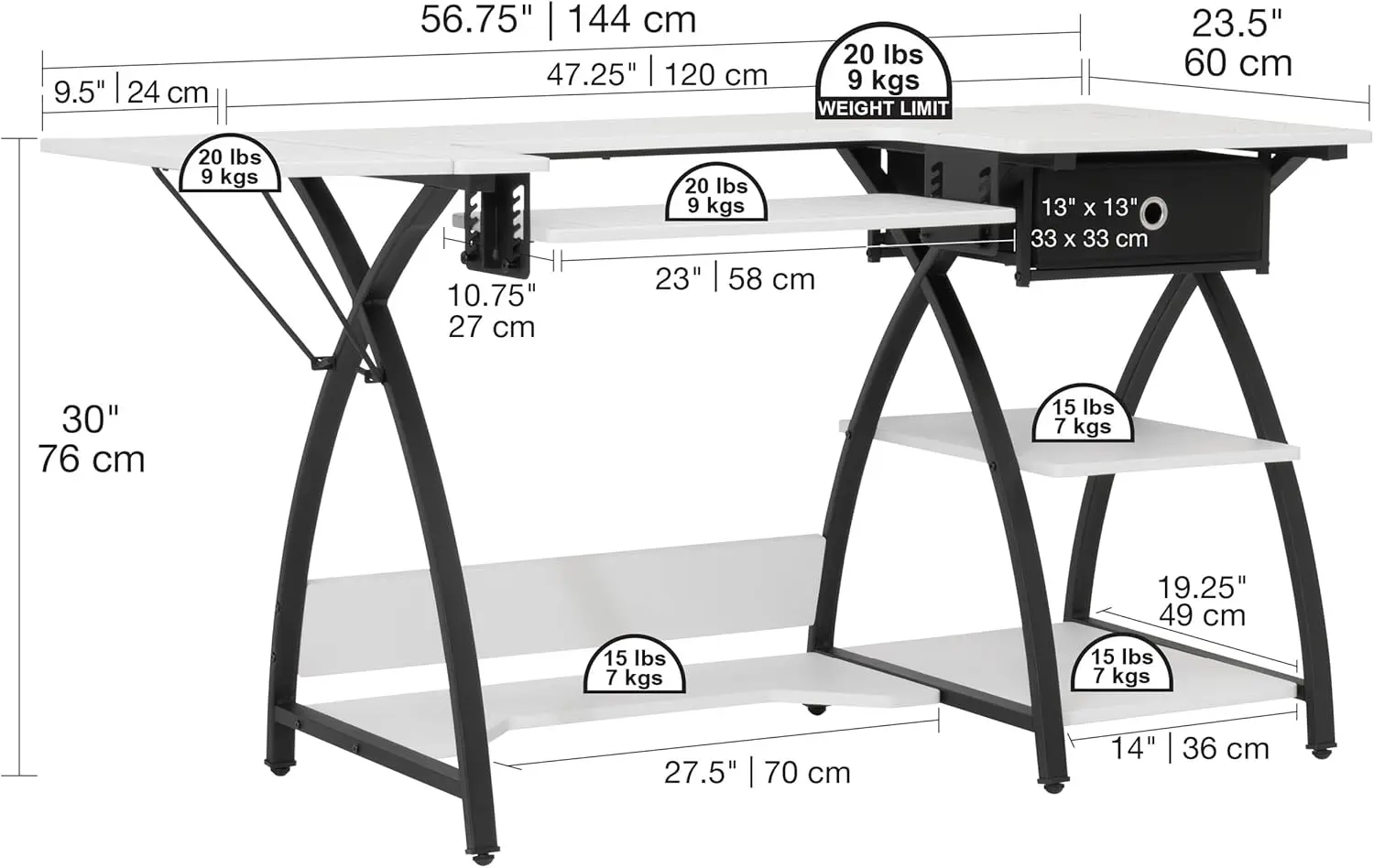 Comet gaveta Top costura mesa, preto, branco, grade