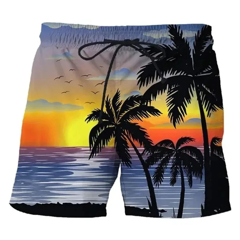 Sunset Beach Shorts 3D Printed Coconut Tree Pattern Swim Trunks For Summer Men Women Casual Oversized Loose Short Pants