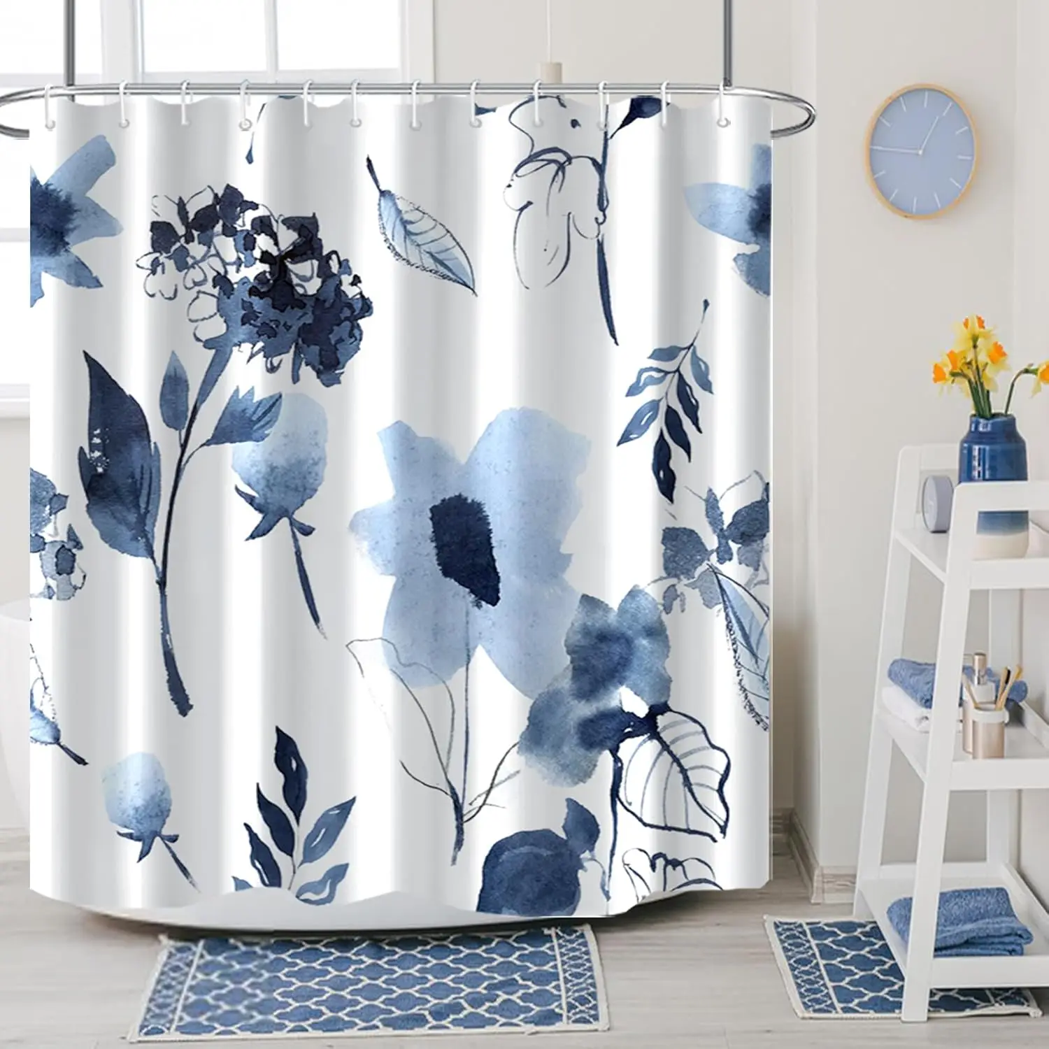 

Blue Watercolor Floral Shower Curtain, Ink Flowers Botanical Bathroom Decor, Waterproof Fabric with Hooks