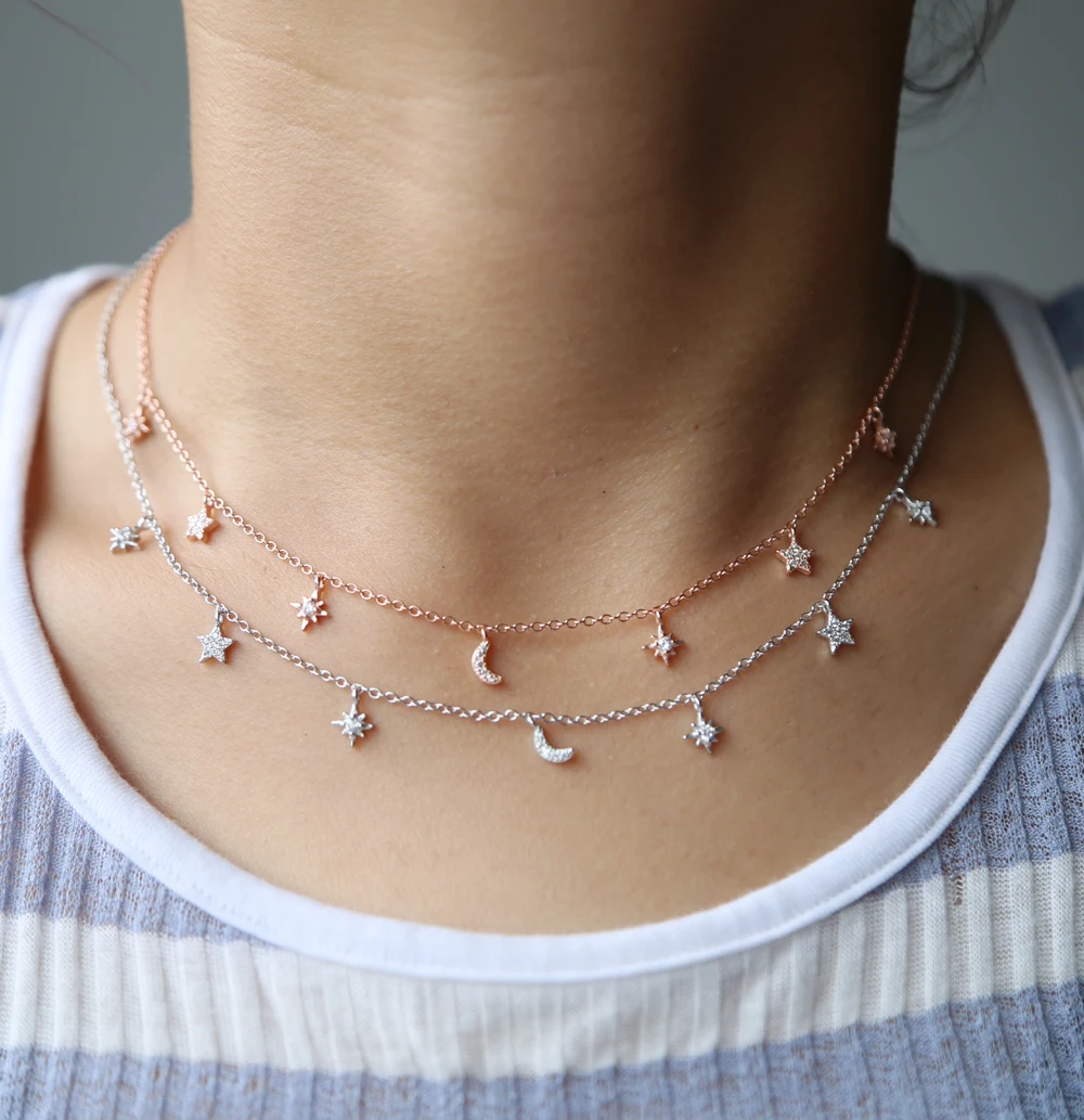 

925 Sterling Silver Full Cz Moon Star Charm Necklaces Aaa Cubic Zirconia Charm Pendant Necklaces Jewelry High Quality