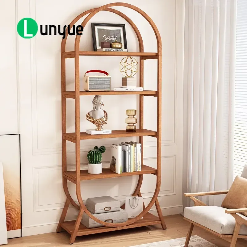 Modern 5 Tier Brown MDF Curved Open Bookshelf Vertical Storage Bookcase for Living Room Bedroom Home Decor