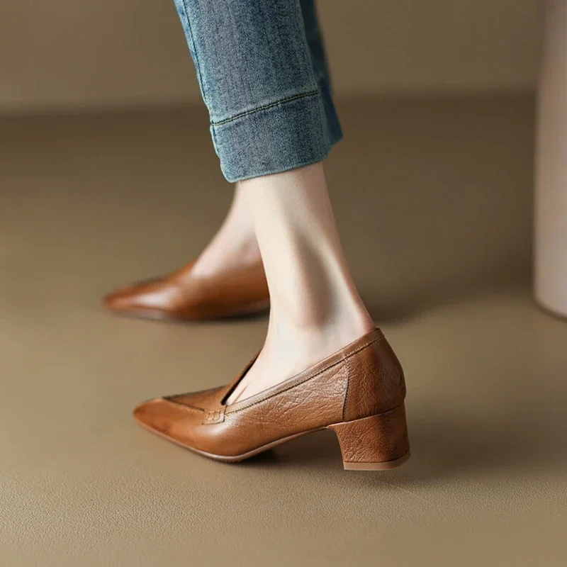 NEW Spring/Autumn Women Loafers Pointed Toe Chunky Heel Shoes Genuine Leather Shoes for Women Retro Concise Handmade Women Pumps