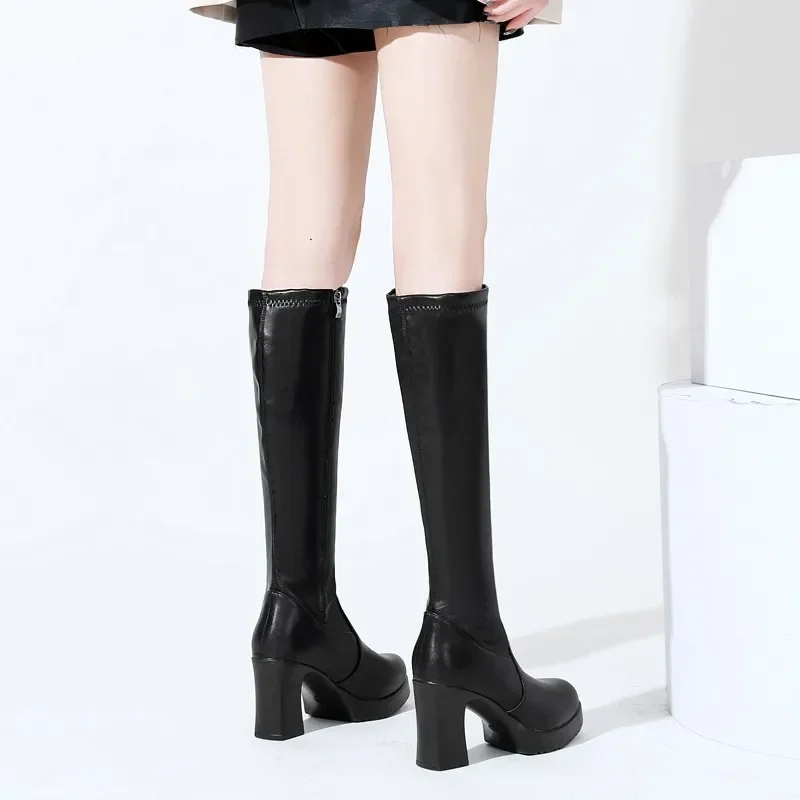 Winter Women Chelsea Knee High Heels Boots 2023 Thick Casual Shoes Motorcycle High Boots Pumps Black Women Zipper Fashion Boots