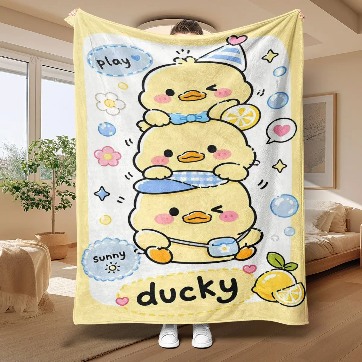 Adorable Cartoon Duck Family Throw Blanket for Nursery Baby Kids Room Decor Soft Playtime Cozy Quilt 150x200cm