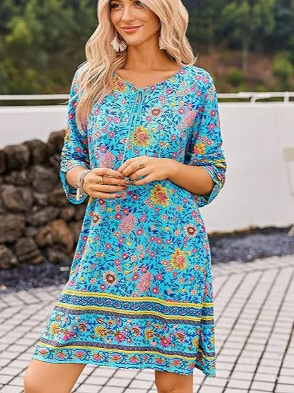 Summer Casual Holiday Floral Print Dress For Women Short Sleeve Loose A-line Dresses 2024 Beach Sundress Female