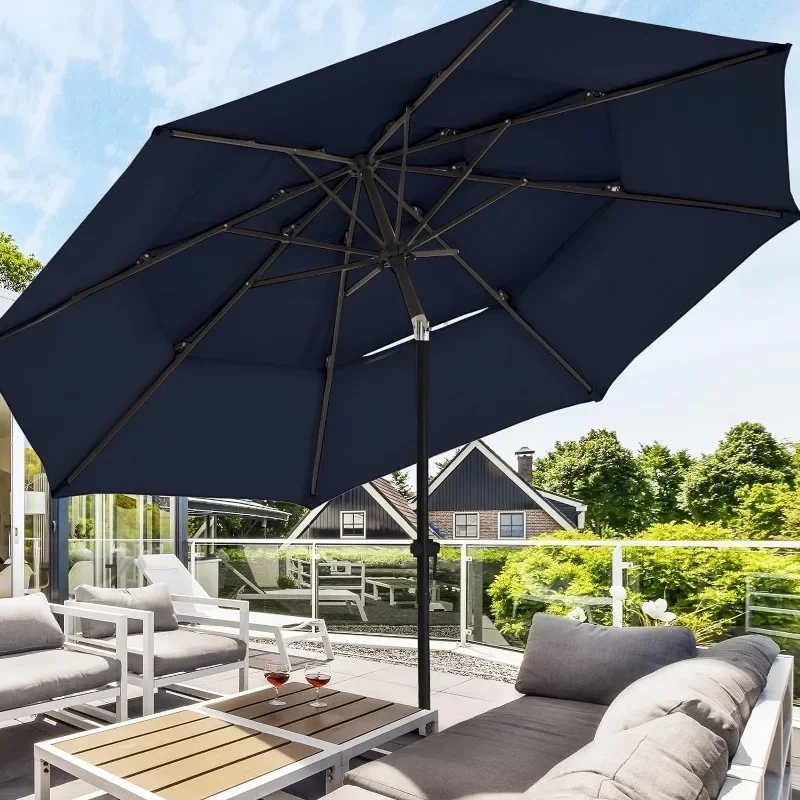 

10 FT-3 Tiers Patio Umbrellas with Base Included, 8 Sturdy Ribs, Fade Resistant Waterproof POLYESTER DTY Canopy for Garden