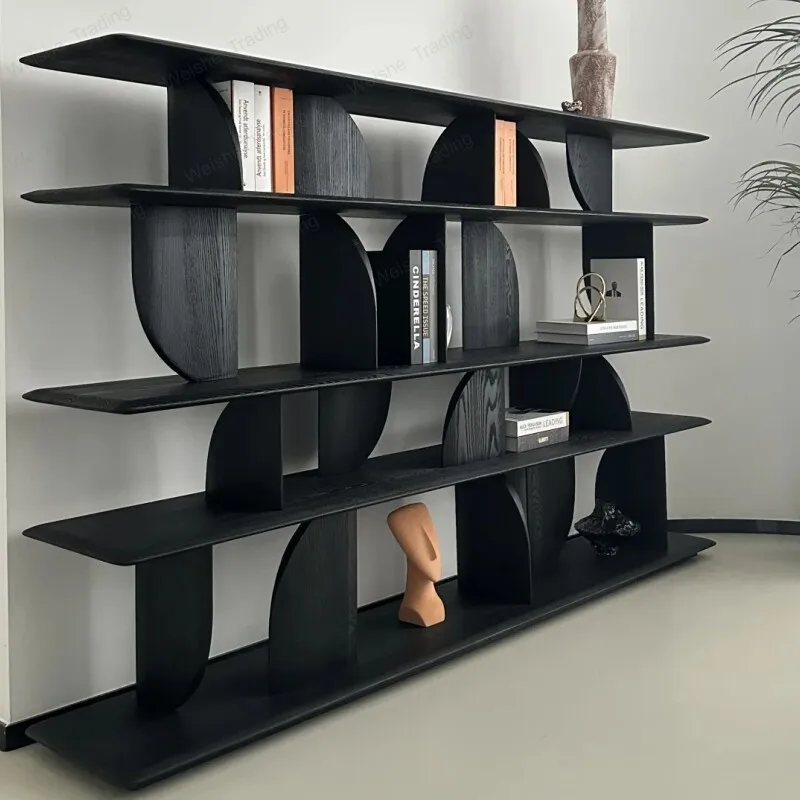 Black solid wood bookshelf floor-to-ceiling wabi sabi bogu shelf Nordic bookcase display cabinet Living room Duobao grid