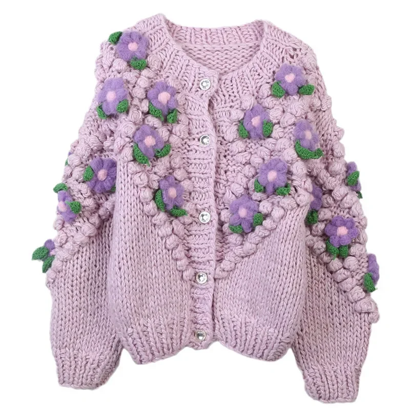 TEELYNN Vintage Crochet Floral Hand Woven Knitted Cardigan Sweaters for Women Casual Long Sleeve Loose Thick Warm Winter Sweater