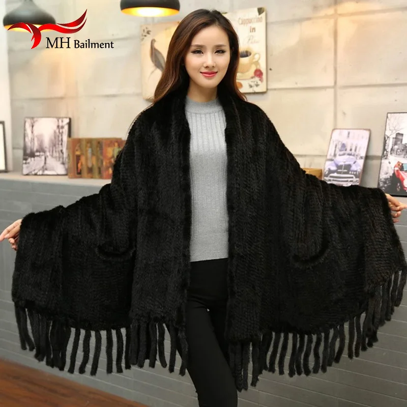 Women Fur Poncho Winter Black/Brown Knit Natural Mink Fur Scarves Wraps Real Mink Fur Shawls for Women Mink Fur Shawl D9