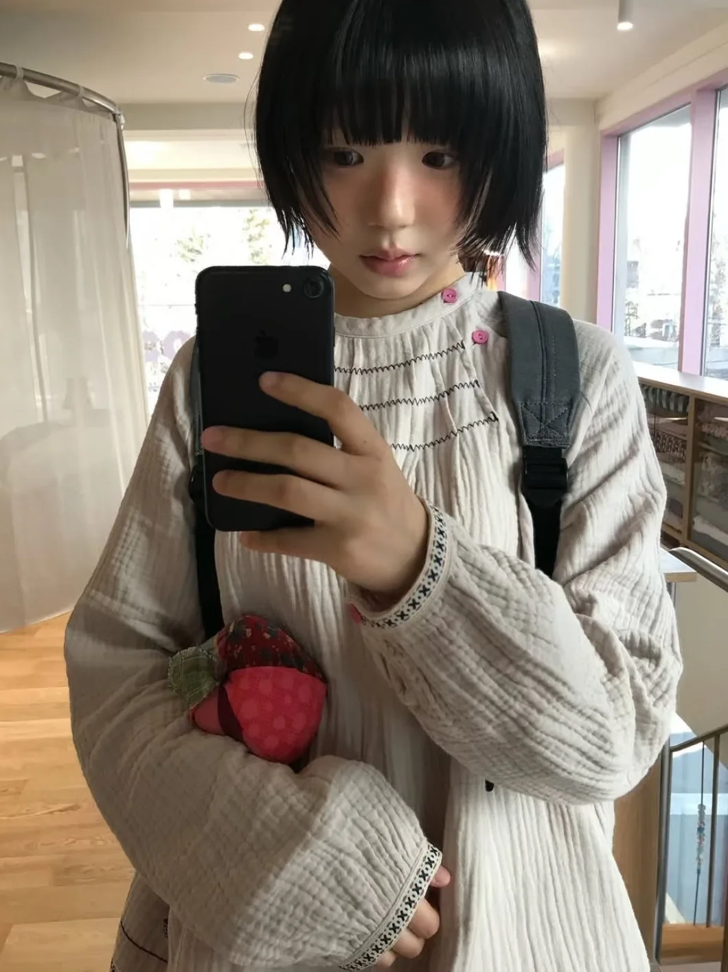 

Cotton Japanese Sle Loose Fit irt Women's Spring New Folded Button Tie Top Breathable Long Sve round Ne Color