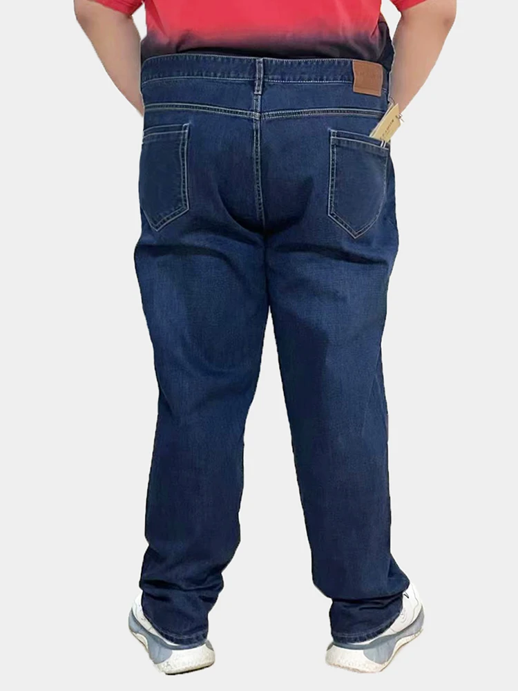 Hochgeschnittene dunkelblaue Stretch-Unterhosen für Männer in Übergröße 52-58, für große und kräftige Personen, Jeanshosen, lange Hosen. – Detail 11