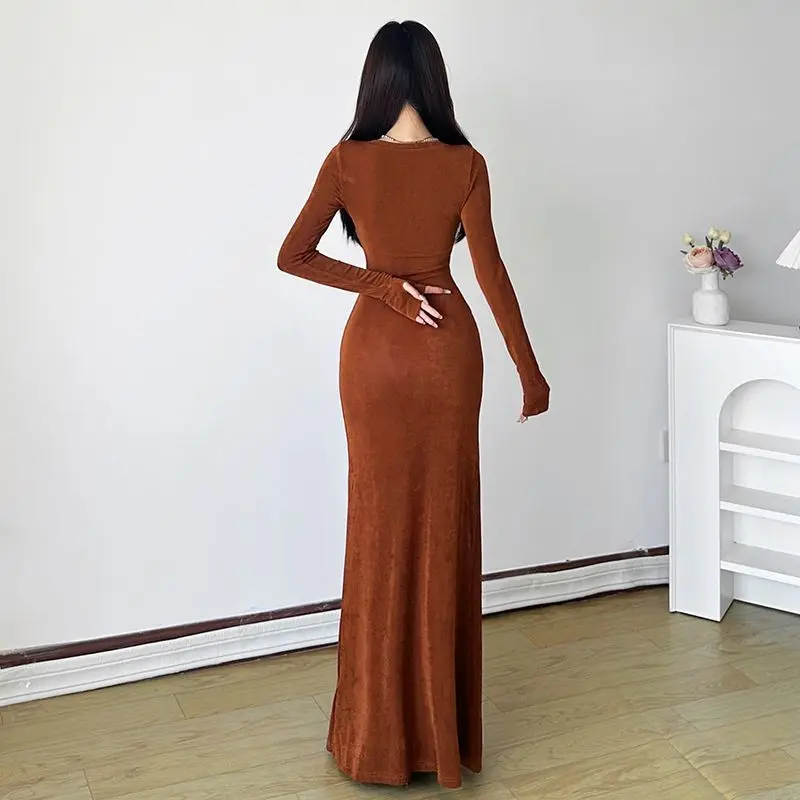 Mulheres vintage elegante contraste cor retalhos vestidos de festa à noite y2k sexy decote em v manga longa bodycon clube maxi vestido