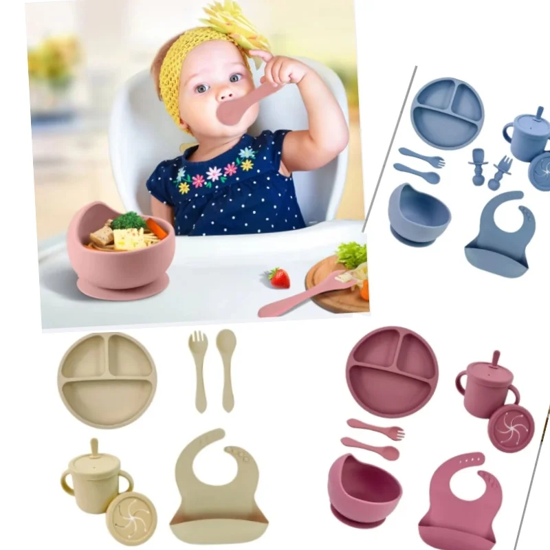 

BPA Free Silicone Baby Feeding Set Sucker Bowl Dinning Plate Straw Cup Spoon Forks for Kids Baby Tableware Children Dishes