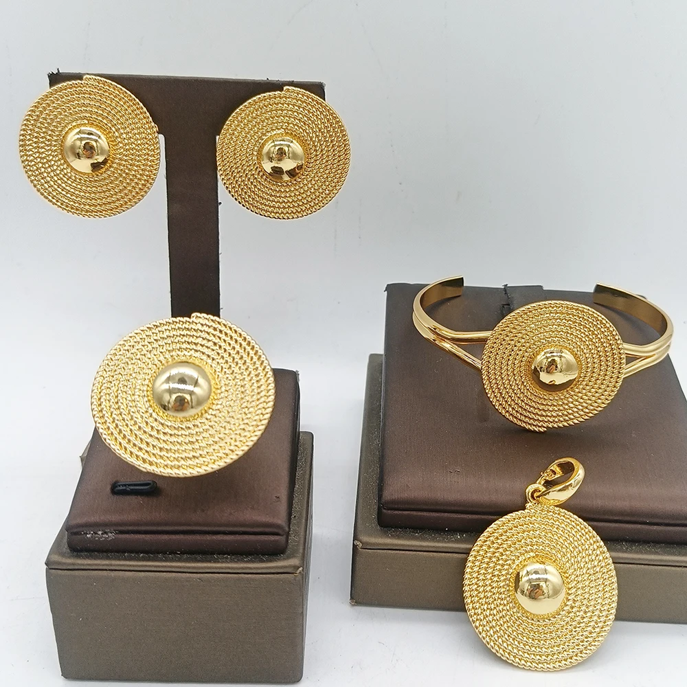 Gold Color Jewelry Sets for Women Bridal Luxury African Map Pendant Earrings Cuff Bangles Adjustable Ring Wedding Ornament Gifts