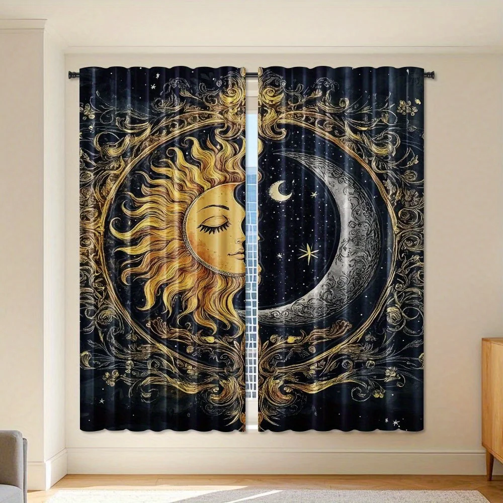 Luxury Celestial Sun Moon Curtains Astrology Zodiac Window Drapes Gothic Mystical Blackout Treatment for Bedroom Home Decor